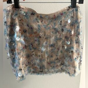 Zara Cream and Blue Sequin Mini Skirt